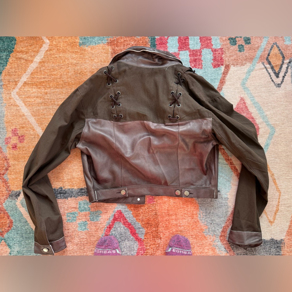 NWT Lucchese Chocolate Leather and Denim Jacket with Lace-Up Detail - Picture 4 of 6